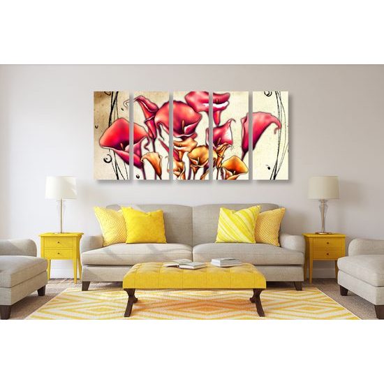 5-dielny obraz nevšedné kvety v abstraktnom prevedení