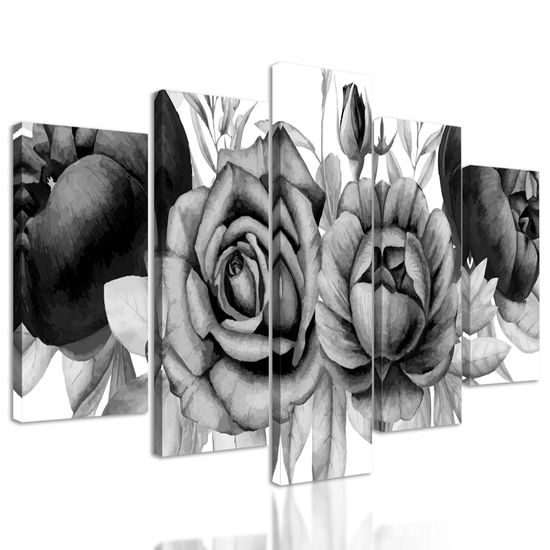 5-dielny obraz nežné splynutie ruží a listov v čiernobielom prevedení