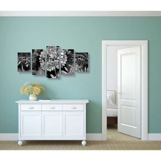 5-dielny obraz čiernobiela olejomaľba kvetov