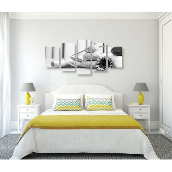 5-dielny obraz zátišie s prvkami Feng Shui v čiernobielom prevedení