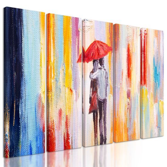 5-dielny obraz zamilovaný pár v daždi