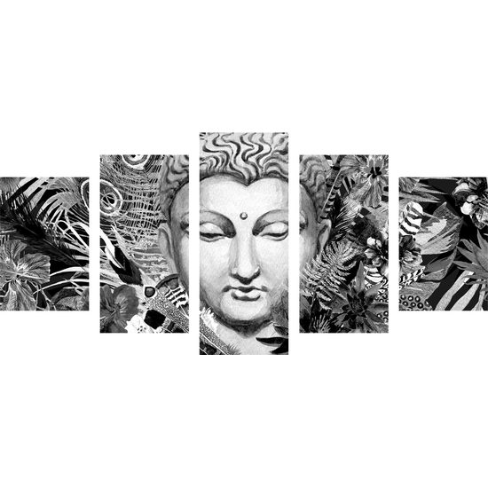 5-dielny obraz Budha v tropickej džungli v čiernobielom prevedení