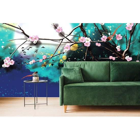 Samolepiaca tapeta konáre s ružovými kvetmi za splnu mesiaca