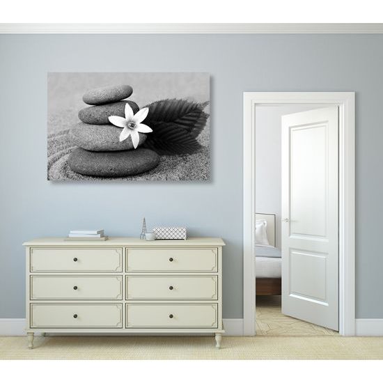 Obraz kamene na pieskovej pláži v čiernobielom prevedení