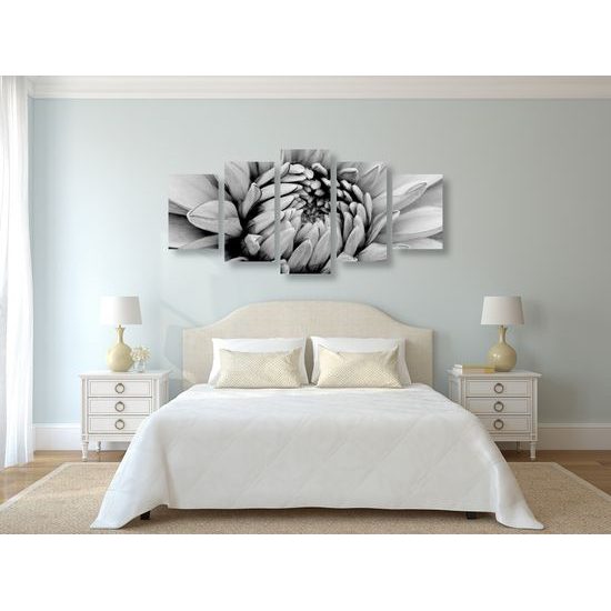 5-dielny obraz perfektný detail na kvet dálie v čiernobielom prevedení
