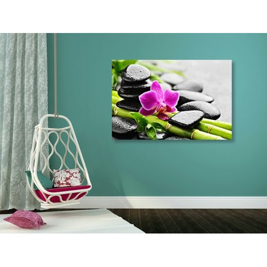 Obraz wellnes zátišie po daždi s nádhernou orchideou