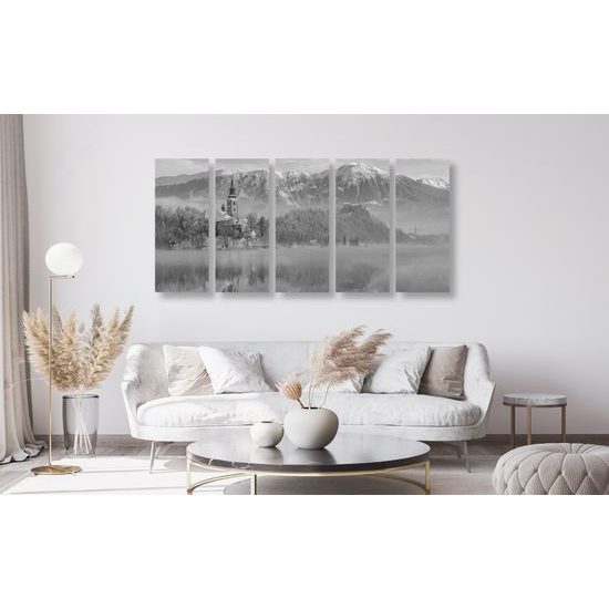 5-dielny obraz kostol na skale v čiernobielom prevedení