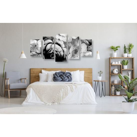 5-dielny obraz abstraktná maľba kvetín v čiernobielom prevedení