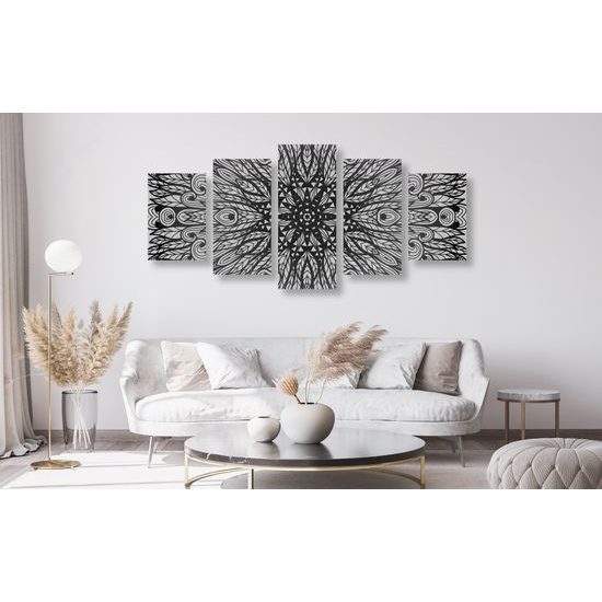 5-dielny obraz zaujímavá luxusná Mandala v čiernobielom prevedení