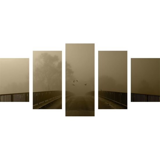 5-dielny obraz most zahalený hmlou v sépiovom prevedení