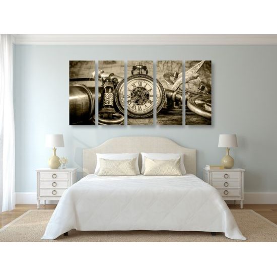 5-dielny obraz historické luxusné hodinky v sépiovom prevedení