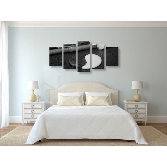 5-dielny obraz bambusové zátišie so symbolom Jin a Jang v čiernobielom prevedení