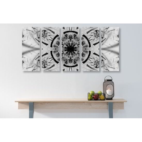 5-dielny obraz futuristická Mandala v čiernobielom prevedení