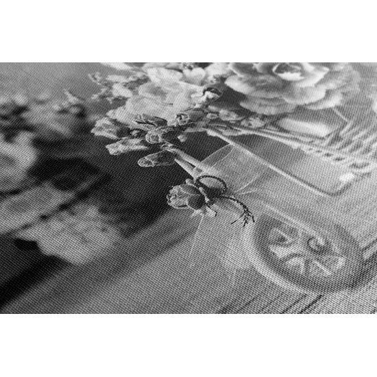 Obraz čiernobiele kvety vo vintage črepníku