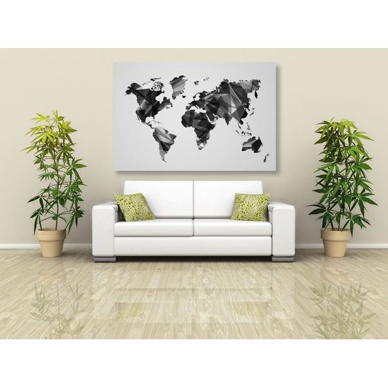 Obraz mapa sveta tovrená polygonmi v čiernobielom prevedení