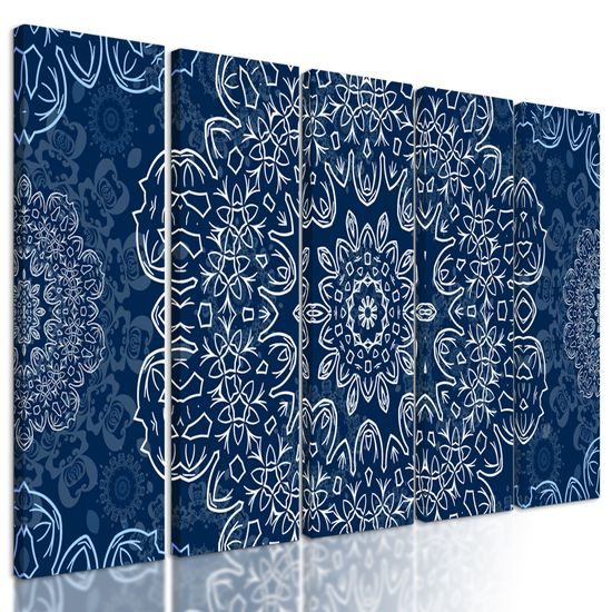 5-dielny Obraz snehobiela Mandala s tmavo-modrým pozadím