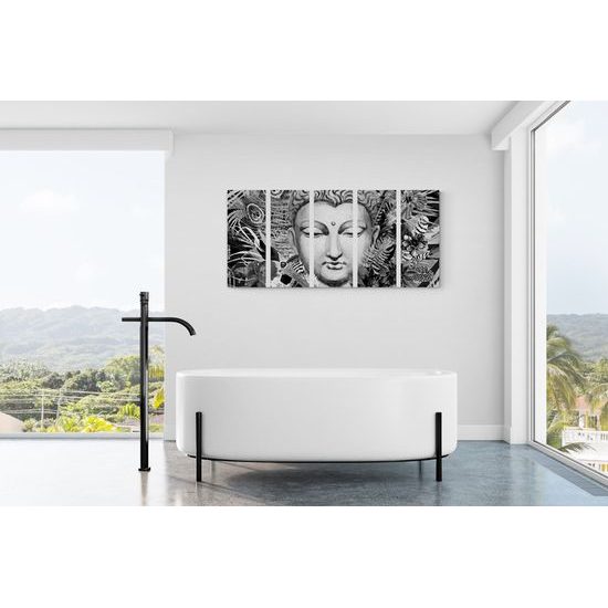 5-dielny obraz Budha v tropickej džungli v čiernobielom prevedení