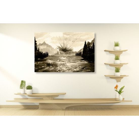 Obraz maľovaná horská krajinka v sépiovom prevedení