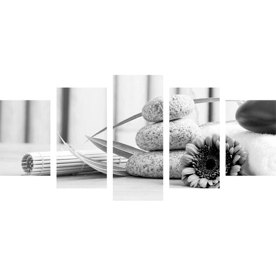 5-dielny obraz zátišie s prvkami Feng Shui v čiernobielom prevedení
