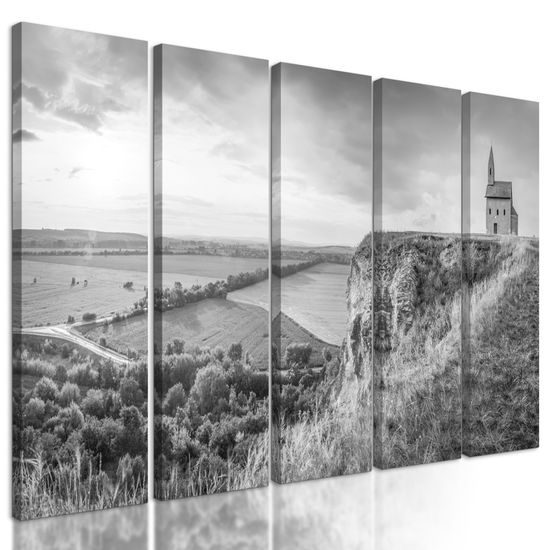 5-dielny obraz Nitrianský kostolík na skale v čiernobielom prevedení