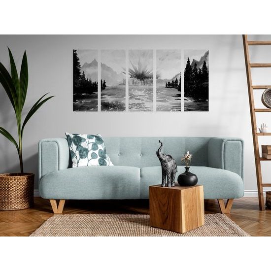 5-dielny obraz maľovaná horská krajinka v čiernobielom prevedení