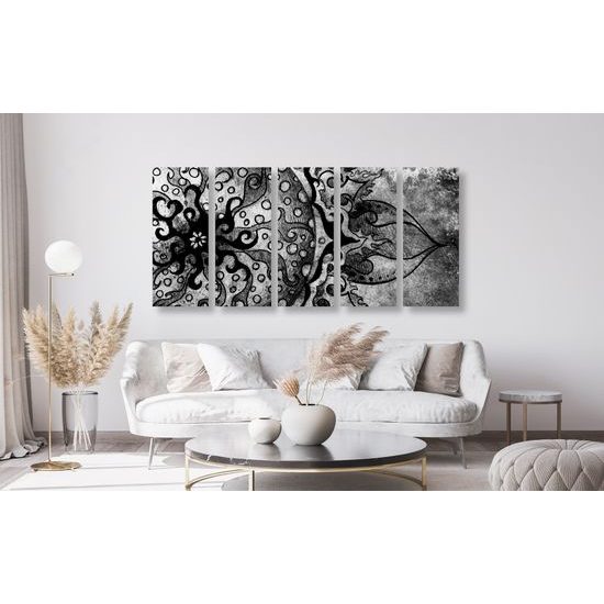 5-dielny obraz slnečná Mandala v čiernobielom prevedení