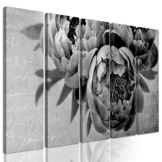 5-dielny obraz jemná pivonka v čiernobielom prevedení