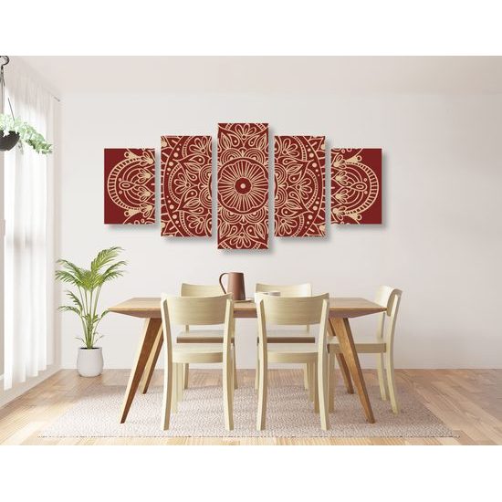 5-dielny obraz biela Mandala doplnená bordovou farbou