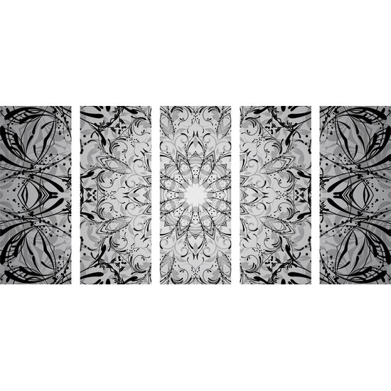 5-dielny obraz Mandala v čiernobielom prevedení