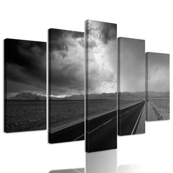 5-dielny obraz nekonečná cesta púšťou v čiernobielom prevedení