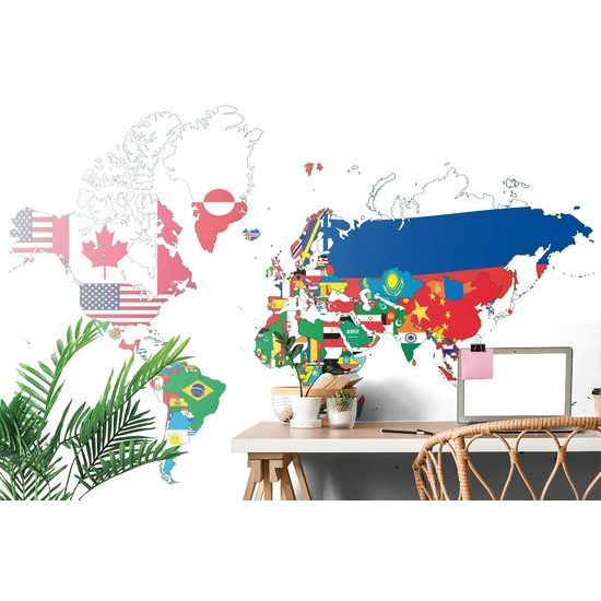 Samolepiaca tapeta mapa vlajky krajín na bielom pozadí