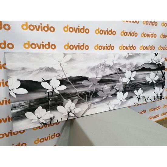 Obraz kvety s ľadovým pozadím v čiernobielom prevedení