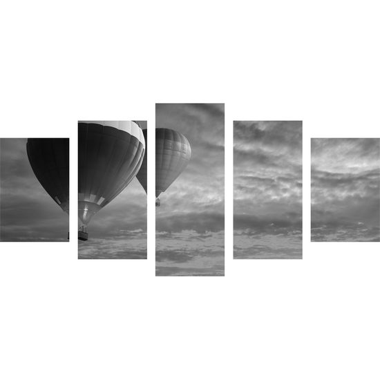 5-dielny obraz romatický let balónom v čiernobielom prevedení