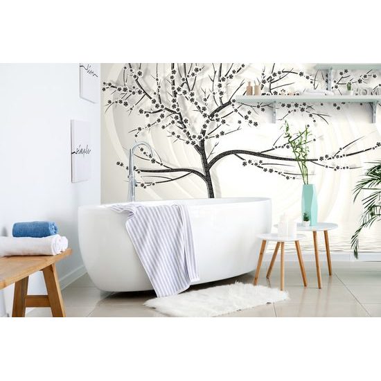 Tapeta čiernobiely strom s kvetmi na abstraktnom pozadí