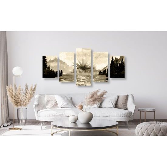 5-dielny obraz maľovaná horská krajinka v sépiovom prevedení