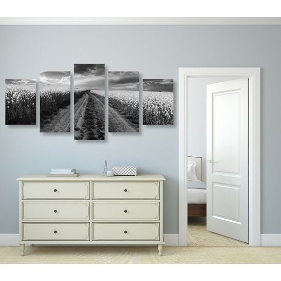 5-dielny obraz cesta v strede poľa v čiernobielom prevedení