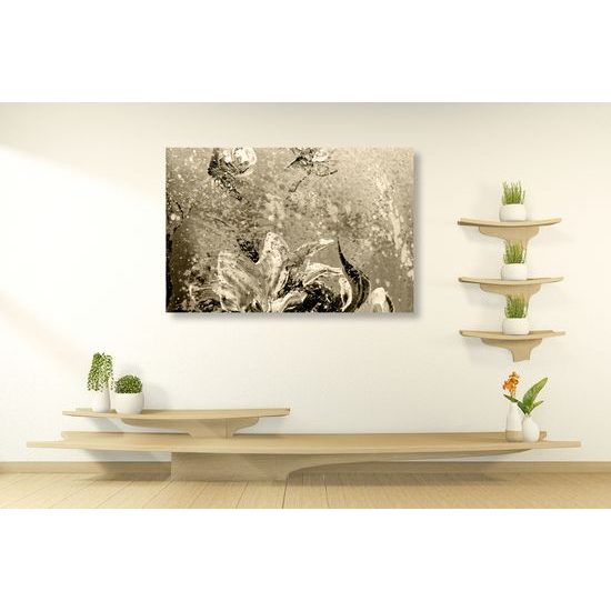 Obraz umelecká abstrakcia pivónie v sépiovom prevedení