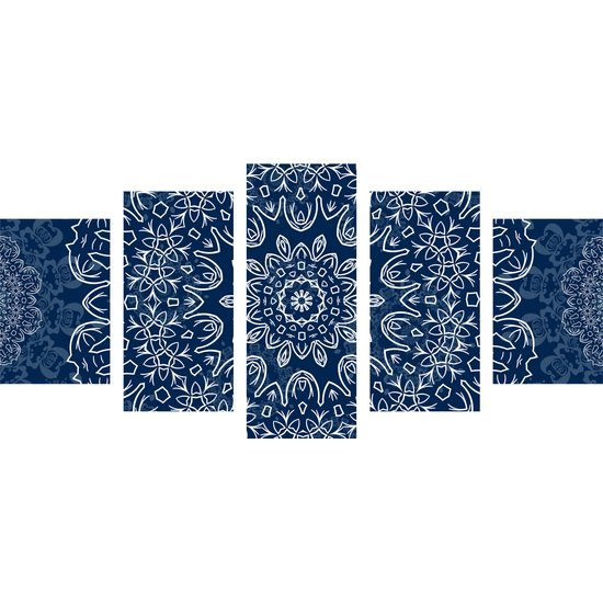 5-dielny obraz snehobiela Mandala s tmavo-modrým pozadím