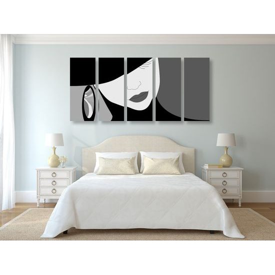 5-dielny obraz elgantnosť ženy v čiernobielom prevedení