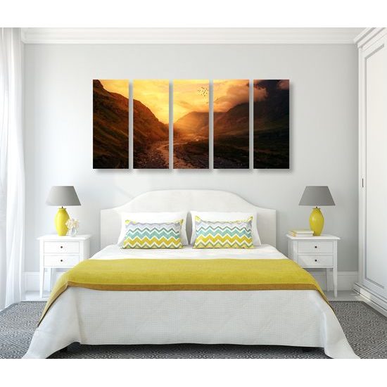 5-dielny obraz slnko zapadajúce za kopce
