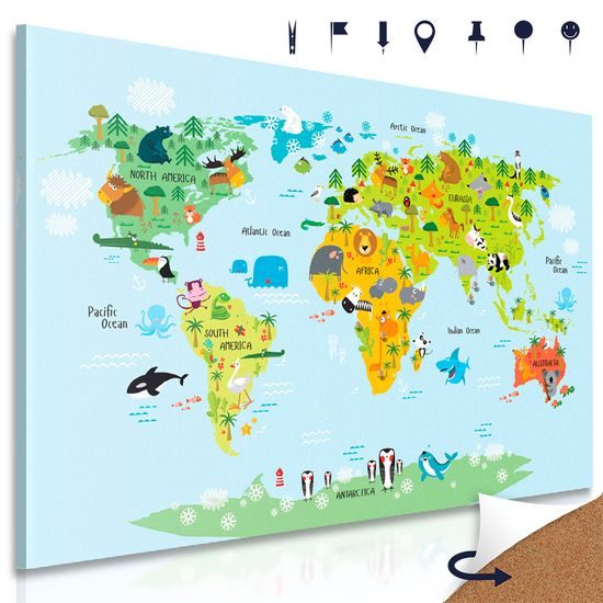 Obraz na korku mapa sveta so zvieratkami