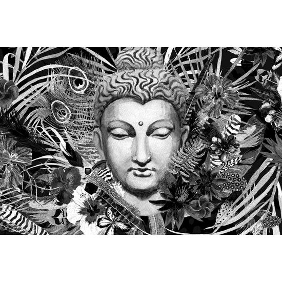 Obraz Budha v tropickej džungli v čiernobielom prevedení