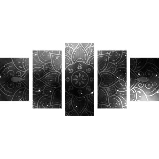 5-dielny obraz Mandala s vesmírnym pozadím v čiernobielom prevedení