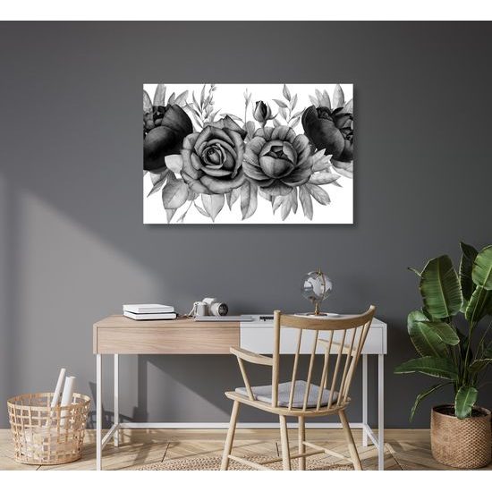 Obraz nežné splynutie ruží a listov v čiernobielom prevedení