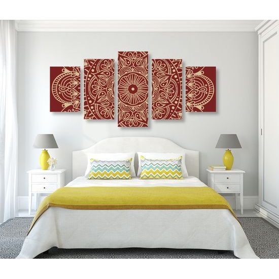 5-dielny obraz biela Mandala doplnená bordovou farbou