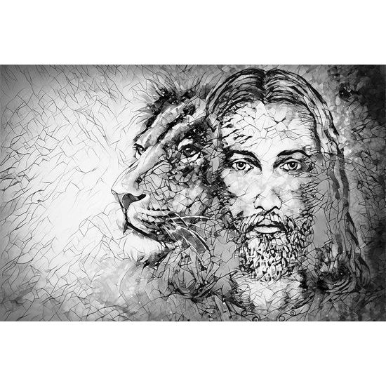 Samolepiaca tapeta spojenie leva a stvoriteľa v čiernobielom prevedení