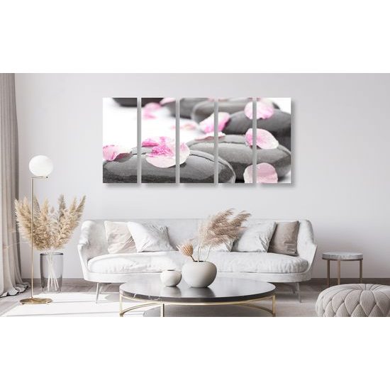 5-dielny obraz zen kamene s lupeňami kvetu