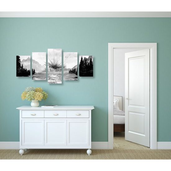 5-dielny obraz maľovaná horská krajinka v čiernobielom prevedení