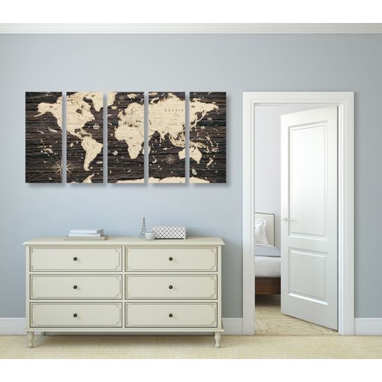 5-dielny obraz historická mapa sveta na drevenom pozadí