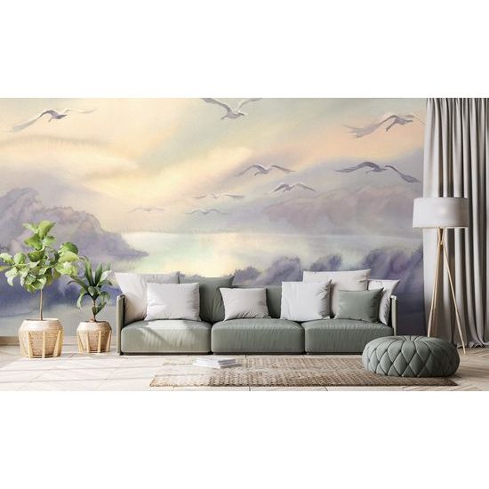 Samolepiaca tapeta odlietajúce vtáky nad jazerom
